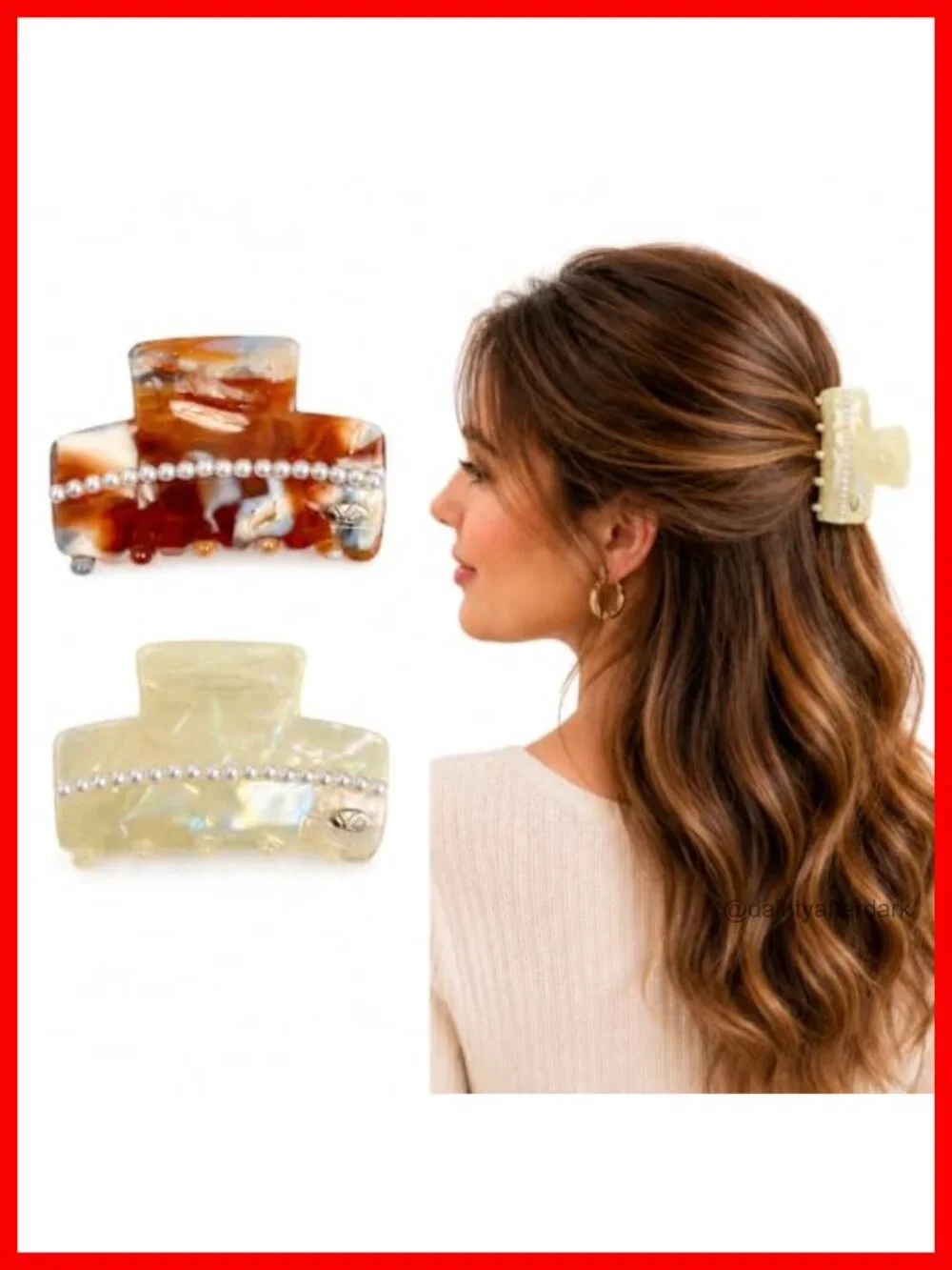 Premium Durable Acetate Pearl Shape Hair Clips, 2 Pack Medium Hair Claw Clips